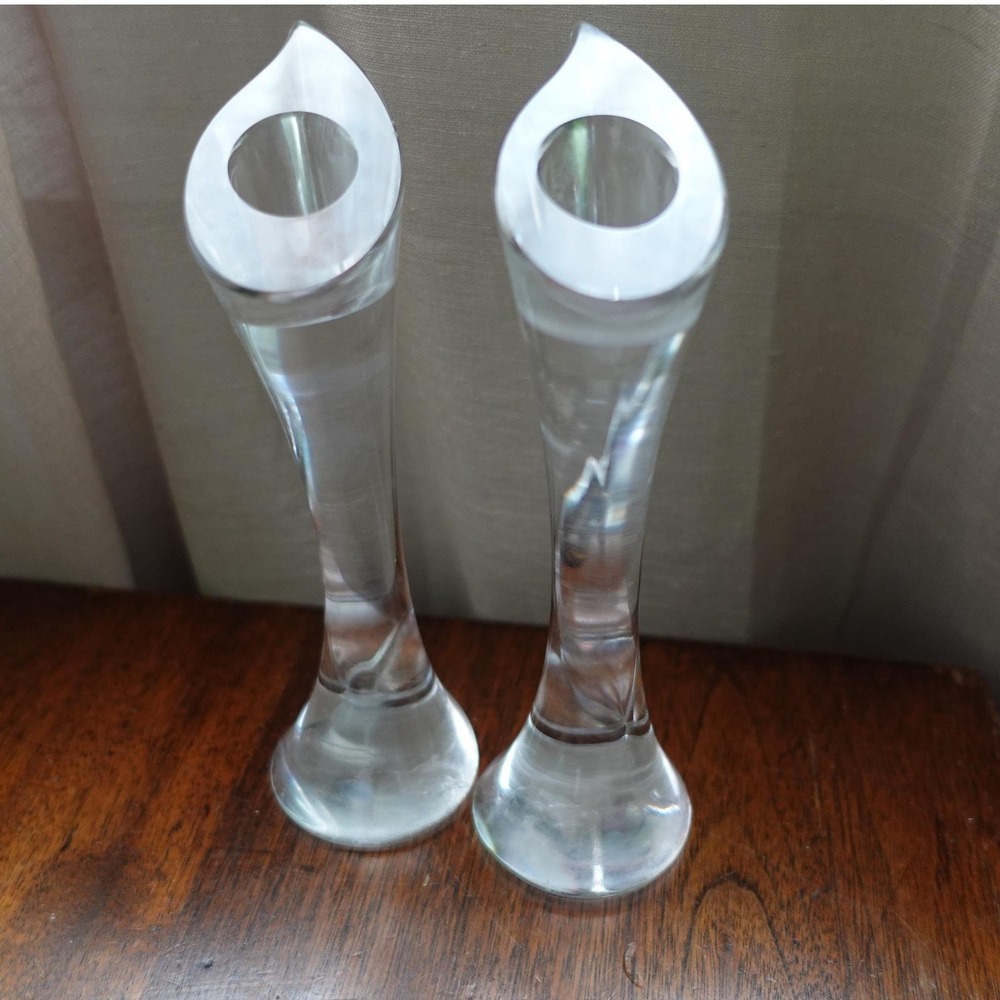 Orrefors Crystal Candle Stick Holder Pair Signed Art Glass Modern Scandinavian